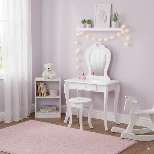 CHOMIK Beli sto za šminkanje sa ogledalom + stolica PHO2657