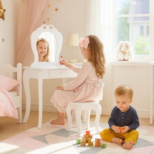 CHOMIK Beli sto za šminkanje sa ogledalom + stolica PHO2657