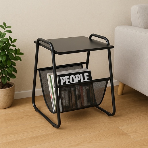 CHOMIK Pomoćni stočić sa držačem za novine 40 x 40 x 55 cm, crni LOF1197