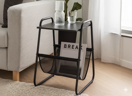 CHOMIK Pomoćni stočić sa držačem za novine 40 x 40 x 55 cm, crni LOF1197