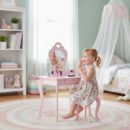 CHOMIK Roze sto za šminkanje sa ogledalom + stolica PHO0403