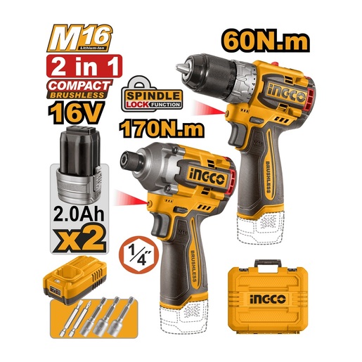 INGCO aku set 16V COSLI240968 (udarni odvijač 170NM+bušilica 60NM)