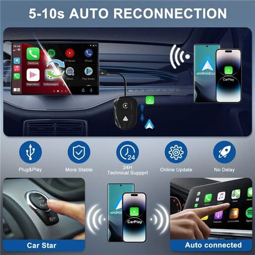 TechAdro Carplay Wireless Adapter za auto Andorid 2 u 1 USB, Type C crni