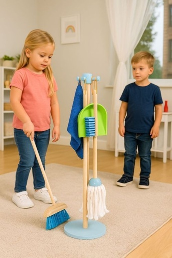 ECO TOYS Drveni set za čišćenje za decu – metla, mop i đubrovnik, 7 delova – ECOTOYS TL844009
