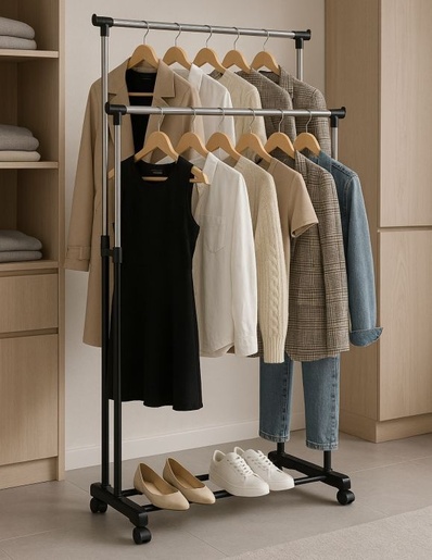 ModernHome Univerzalni dvostruki stalak za odeću sa podesivom visinom, točkićima i 2 šine, ModernHome GH-205-BC