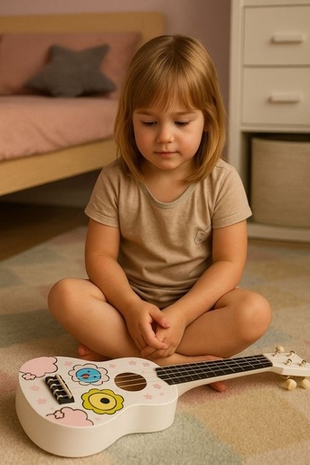 ECO TOYS Ukulele drvena gitara za decu sa 4 najlonske žice i trzalicom bela– MF019G