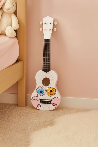 ECO TOYS Ukulele drvena gitara za decu sa 4 najlonske žice i trzalicom bela– MF019G