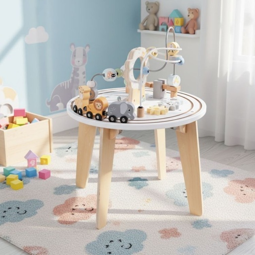 ECO TOYS Drveni 5u1 edukativni interaktivni sto za decu – lavirint, perlice na žici (rolerkoster), vozić, ogledalo, ECOTOYS W12D626