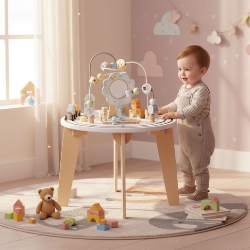 ECO TOYS Drveni 5u1 edukativni interaktivni sto za decu – lavirint, perlice na žici (rolerkoster), vozić, ogledalo, ECOTOYS W12D626