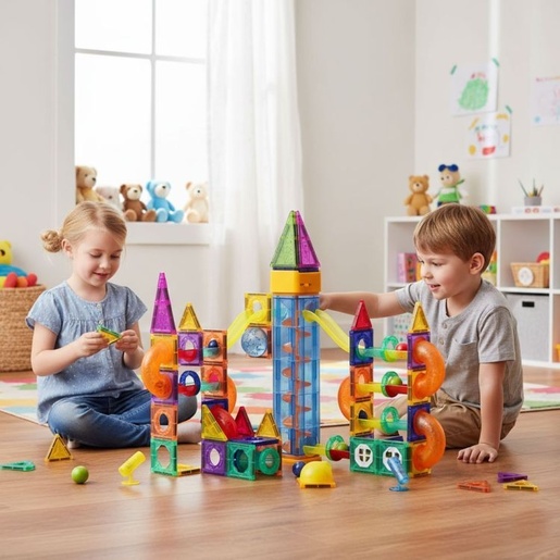 ECO TOYS Magnetni svetleći set blokova sa stazom za kuglice, 134 dela HC725862