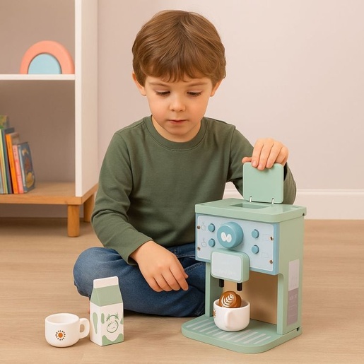 ECO TOYS Drveni aparat za kafu za decu – barista set, 8 delova – ECOTOYS TL645001