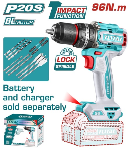 TOTAL Aku udarna bušilica, 20V,96NM,13 mm, brushless SOLO TIDLI209681