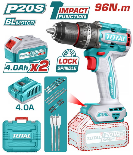 TOTAL Aku udarna bušilica 20v,BL,96NM, 2 bat 4Ah + punjač 4A TIDLI20968E