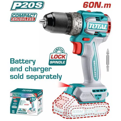 TOTAL Li-ion Akumulatorska bušilica,BL, 20v, 60Nm,metalni futer 13mm, SOLO TDLI206021