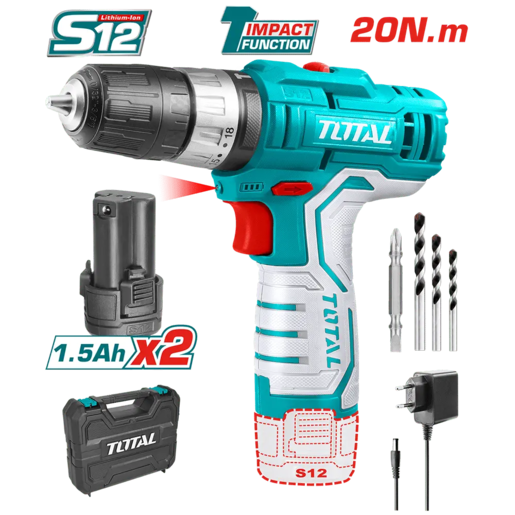 TOTAL Aku udarna bušilica,12V,20 NM, 10mm, 2x1,5 Ah,kofer TIDLI12201