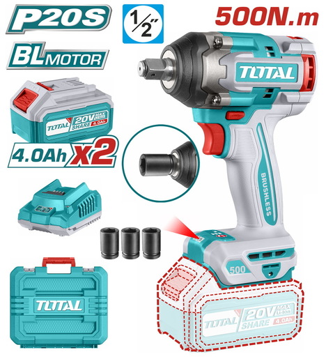TOTAL BL-Litijum-jonski udarni odvijač 1/2",20v, 2x4,0 ah, 500Nm TIWLI2050