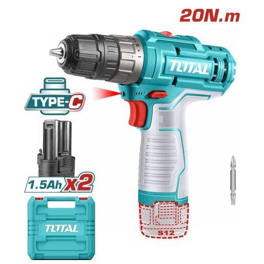 TOTAL Li-ion bežična bušilica,12V,20NM,prihvat,10 mm,USB-C,2 baterije,kofer TDLI12202E