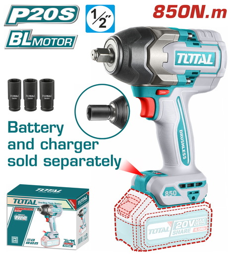 TOTAL BL-Litijum-jonski udarni odvijač 1/2",20v, 850Nm,tri brzine, SOLO TIWLI20851