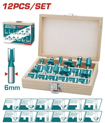 TOTAL Set 12 bitova za glodalicu (6mm) TACSR0121