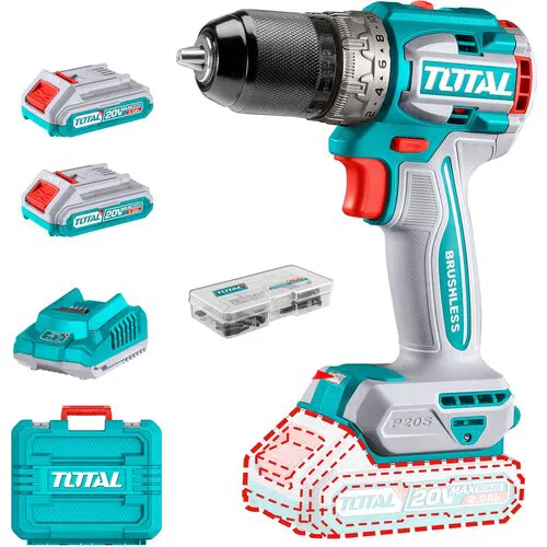 TOTAL Li-ion Akumulatorska bušilica,BL, 20v, 2x2,0ah,60Nm,13mm,metalni futer,kofer TDLI20602E