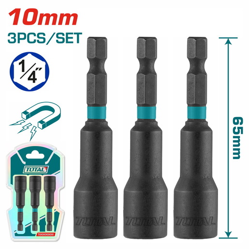 TOTAL 3-delni set udarnih magnetnih usadnih nastavaka HEX 10mm,dužina 65mm TAC271031