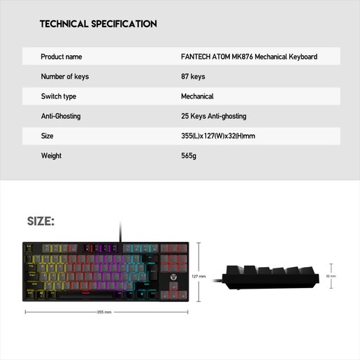 Tastatura Mehanicka Gaming Fantech MK876 RGB Atom TKL crna (Red switch)