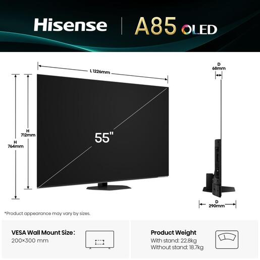 Hisense OLED TV 55" 55A85Q, 4K Ultra HD, Smart TV, VIDAA OS, VRR 120Hz, Infinite Blacks, Pixel Dimming, Brightness Enhancer, Anti-Reflection PRO, AI Picture