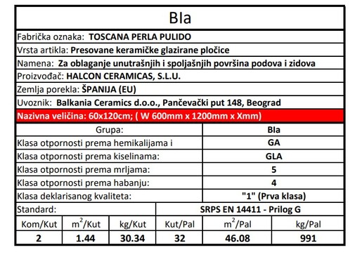 Zidne i podne pločice TOSCANA PERLA PULIDO 60x120