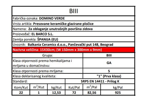 Zidne pločice DOMINO VERDE 15x30