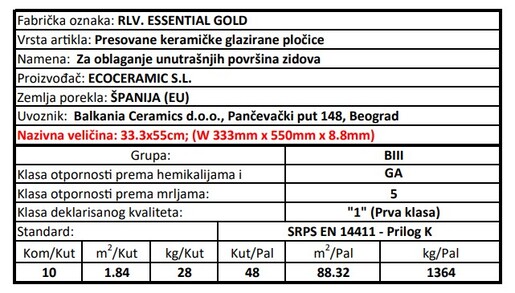 Zidne pločice RLV. ESSENTIAL GOLD 33,3x55