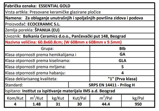 Zidne i podne pločice ESSENTIAL GOLD 60,8x60,8
