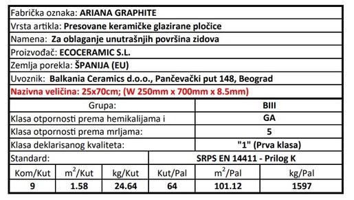Zidne pločice ARIANA GRAPHITE 25x70