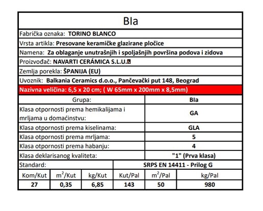 Zidne pločice TORINO BLANCO 6,5x20