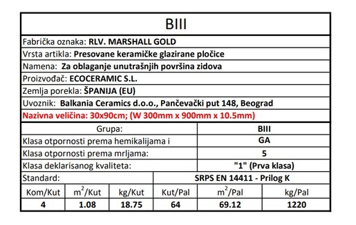 Zidne pločice RLV. MARSHALL GOLD 30x90