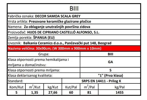 Zidne pločice DECOR SAMOA SCALA GREY 30x90