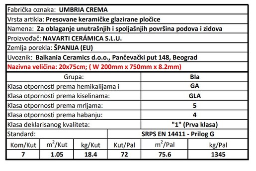 Zidne i podne pločice UMBRIA CREMA 20x75