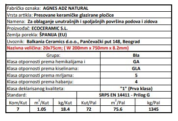 Zidne i podne pločice AGNES ADZ NATURAL 20x75