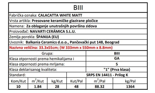Zidne pločice CALACATTA WHITE MATE 33,3x55
