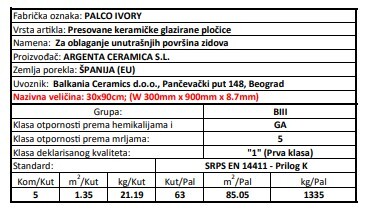 Zidne pločice PALCO IVORY 30x90