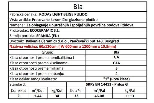 Zidne i podne pločice RODAS LIGHT BEIGE PULIDO 60x120