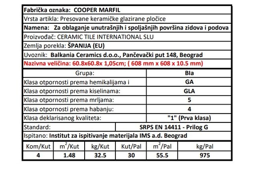 Zidne i podne pločice COOPER MARFIL 60x60