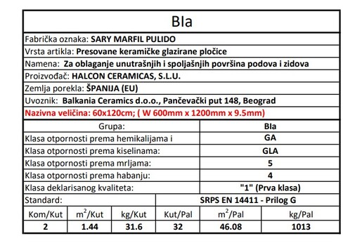 Zidne i podne pločice SARY MARFIL PULIDO 60x120
