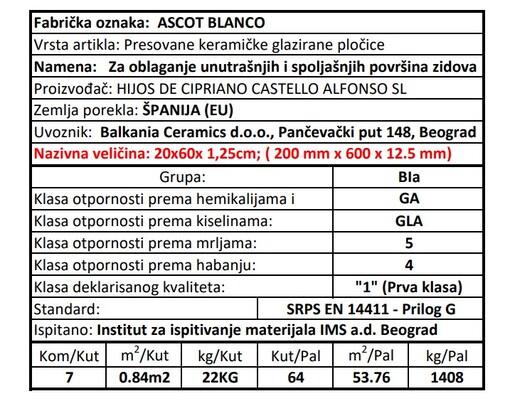 Zidne pločice ASCOT BLANCO 20x60