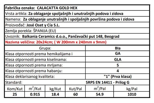Zidne i podne pločice CALACATTA GOLD HEX 20x24