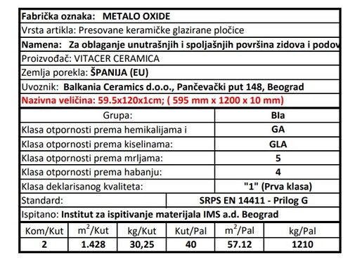 Zidne i podne pločice METALO OXIDE 59,5x120
