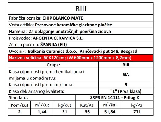 Zidne pločice CHIP BLANCO MATE 60x120