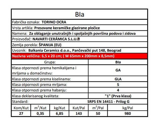 Zidne pločice TORINO OCRA 6,5x20