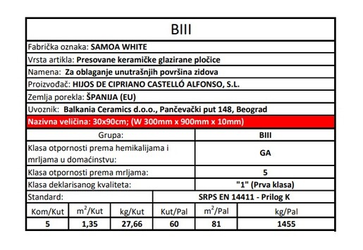 Zidne pločice SAMOA WHITE 30x90