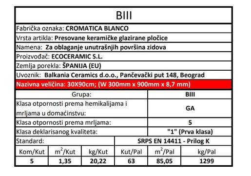 Zidne pločice CROMATICA BLANCO 30x90