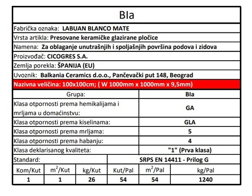 Zidne i podne pločice LABUAN BLANCO MATE 100x100